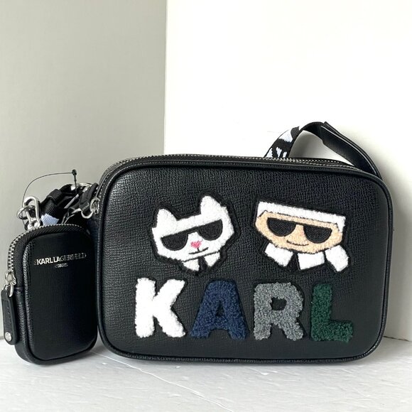 Karl Lagerfeld Maybelle Crossbody Black Felt Ikons Airpods Coin Case Guitar Stra - Picture 1 of 9